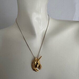 Vintage Unicorn Pendant & Necklace CZ Gold Tone Green Eye